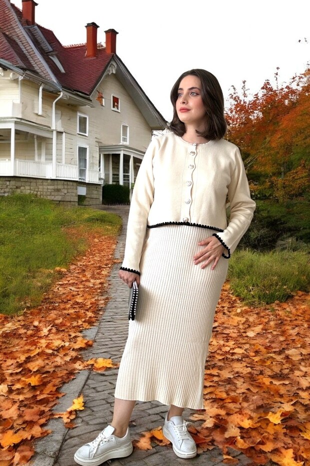 E0077 Ceketli Elbiseli Triko Takım - Krem - 1