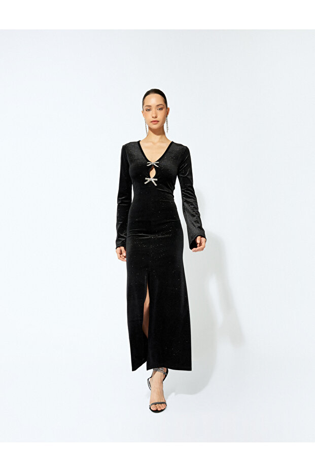 Front Slit V Neck Rhinestone Bow Detail Long Velvet Dress