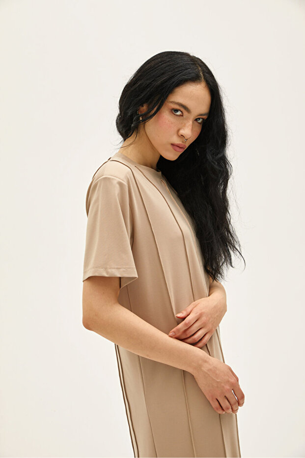 Viola Bej Rayon Elbise - 7