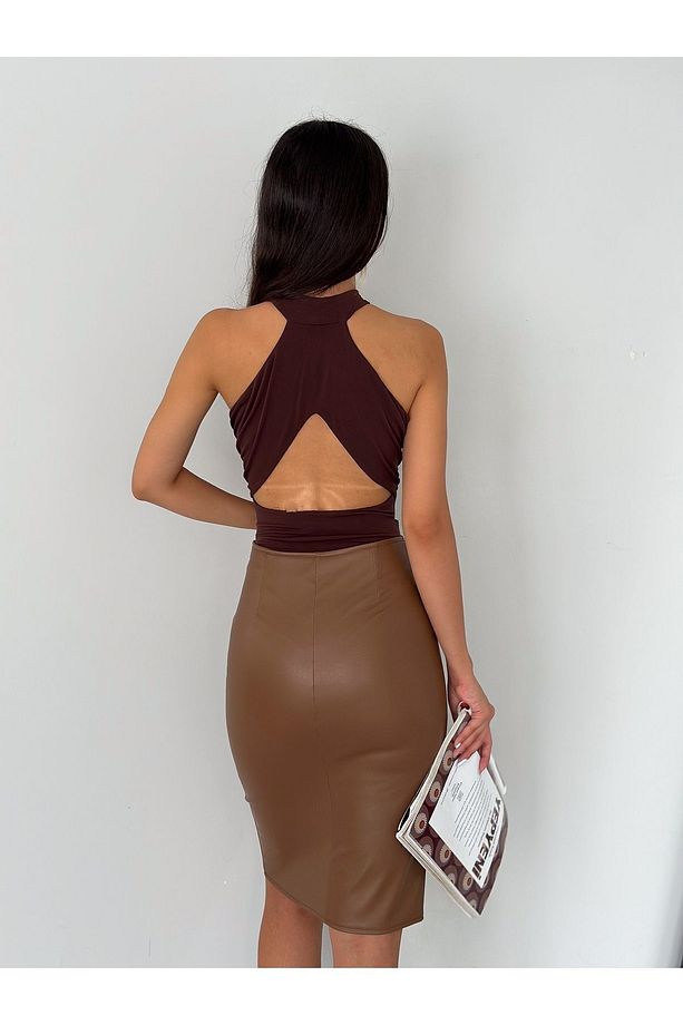 Kadın Taba Yüksek Bel Yırtmaçlı Kalem Deri Etek 62 Cm - 6