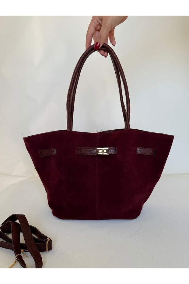 Women's Burgundy Suede Leather Magnet Closure Lock Detailed Hand and Shoulder Bag Large Large Bag