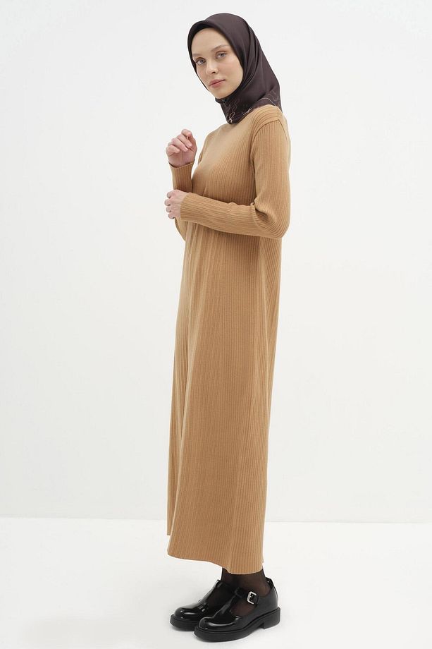 Sıfır Yaka Triko Elbise - Camel - 3