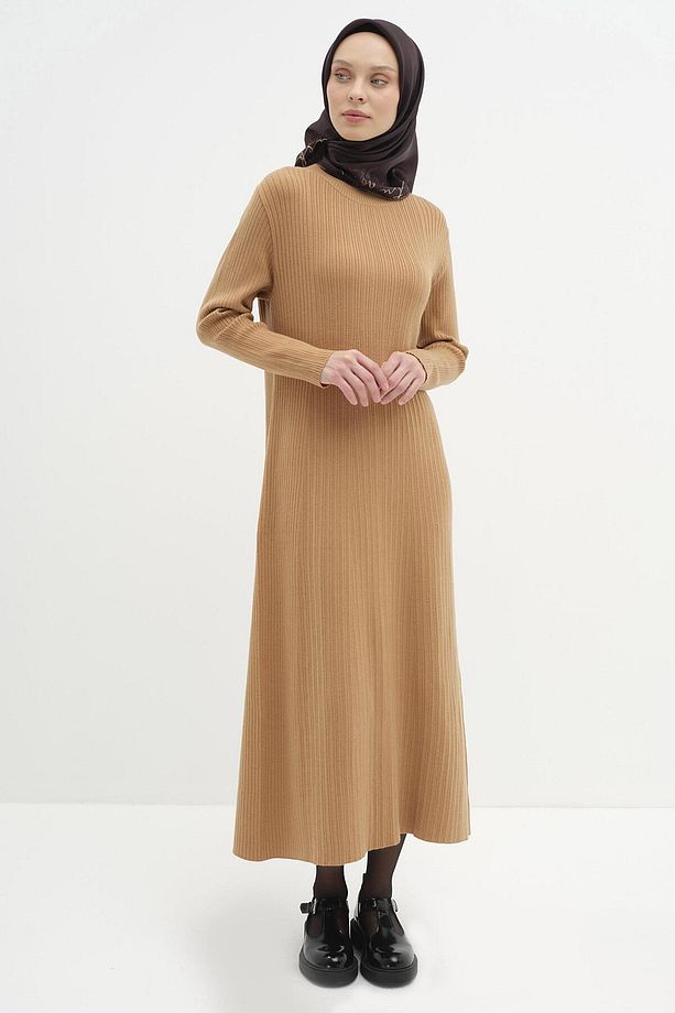 Sıfır Yaka Triko Elbise - Camel - 1