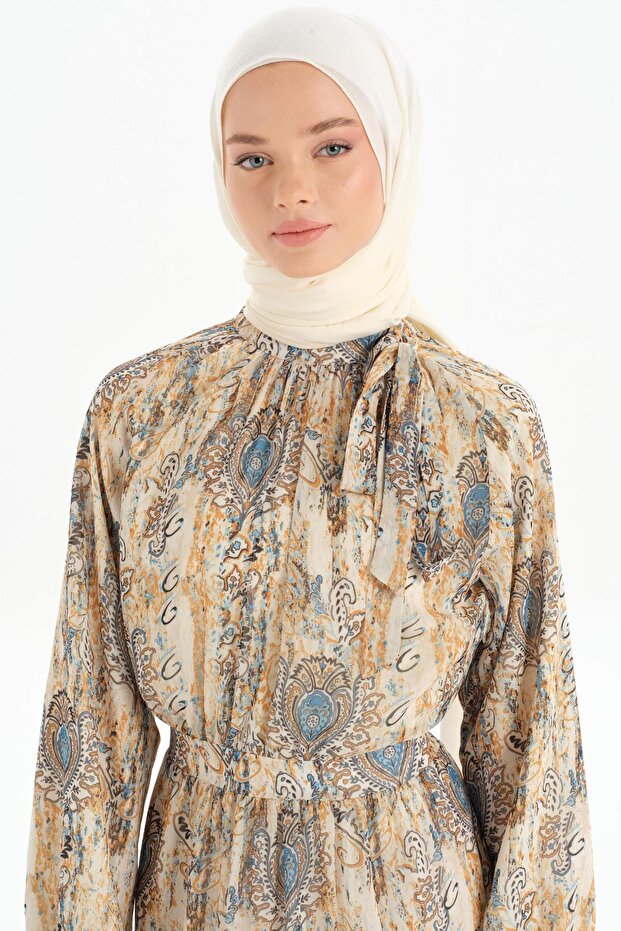 Desenli Şifon Elbise - Camel - 4