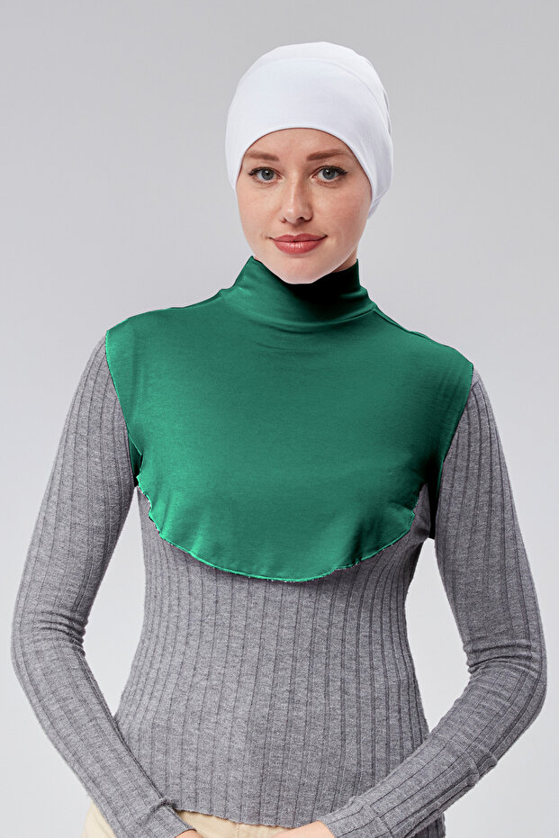 Women's Hijab Dress, Half-High Neck, Simit Neck Collar, Combed Cotton, Solid Color, Emerald Green
