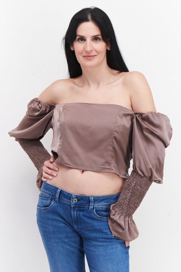 Women Off Shoulder Shirred Sleeve Solid Crop Top, Taupe