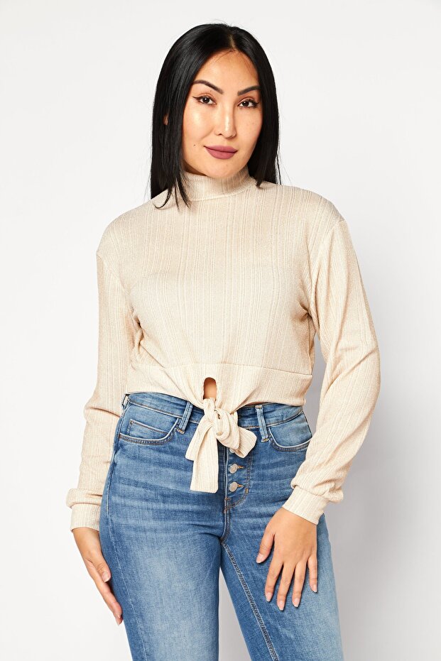 Women High Neck Long Sleeve Textured Top, Beige