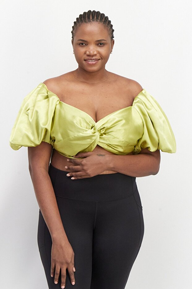 Women Plus Size Off-Shoulder Neck Puff Sleeve Textured Crop Top, Lime Green