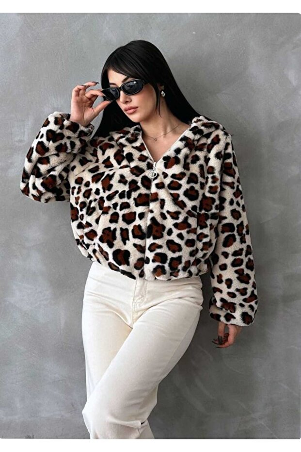 Leopard Printed Light Stone Color Lining Zippered Coat Women