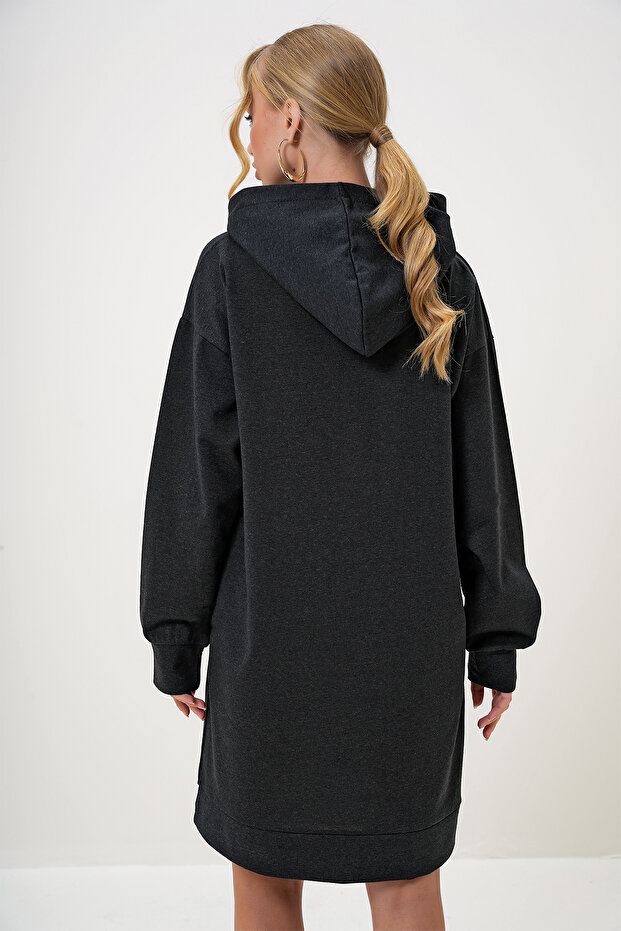 Kadın Antrasit Kapüşonlu Sweatshirt Elbise ALC-018-109-TE - 6