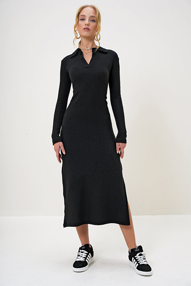 Women's Black Polo Neck Half Placket Side Slit Interlock Fabric Dress Alc-X13121