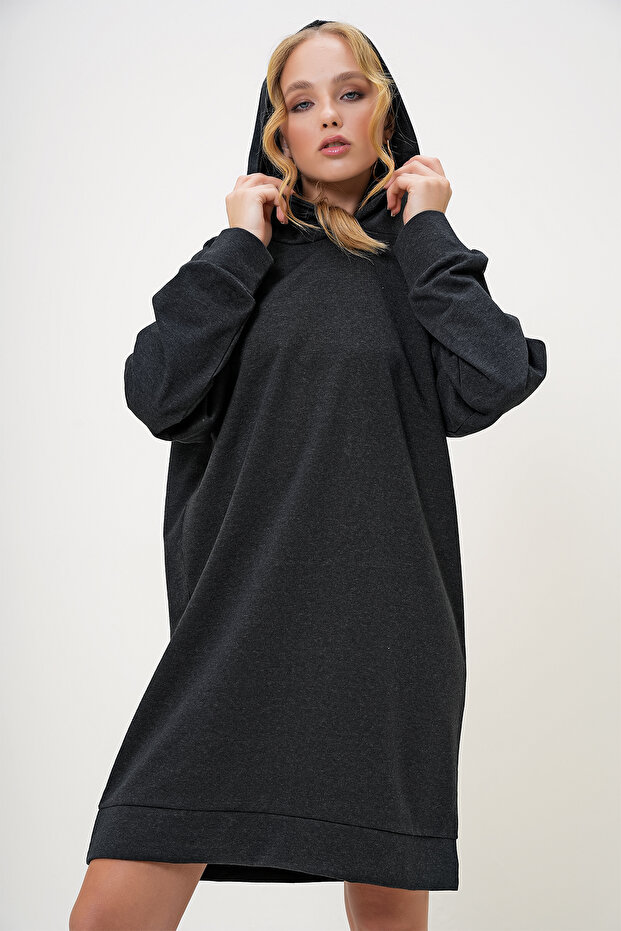 Kadın Antrasit Kapüşonlu Sweatshirt Elbise ALC-018-109-TE - 3