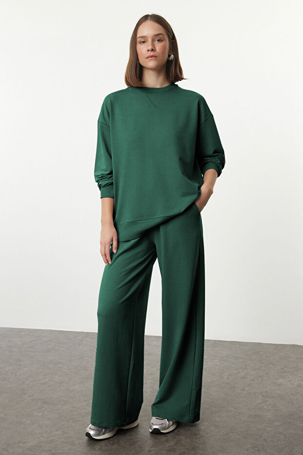 Zümrüt Yeşili Oversize Kalıp Wide Leg/Geniş Paça Örme Sweatshirt/Alt Eşofman Takımı TWOAW25EM00004 - 1