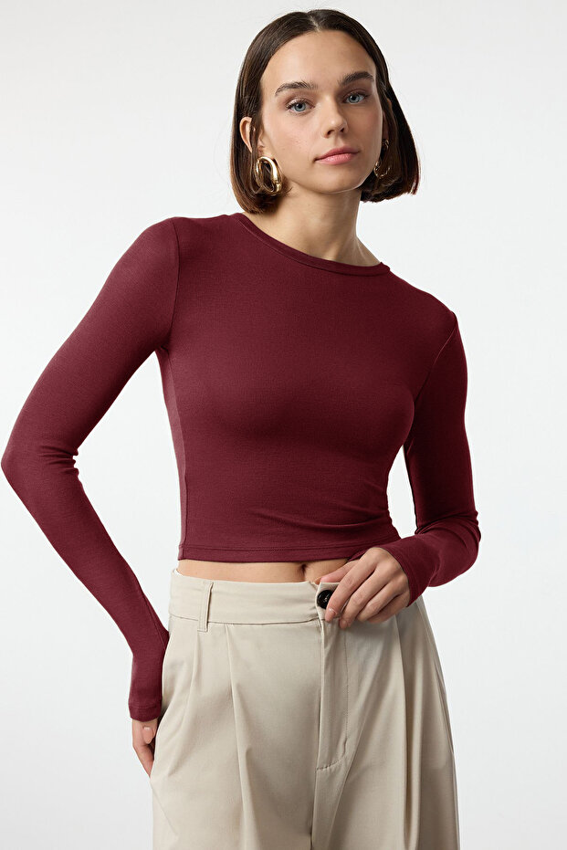 Bordo Viskon Bisiklet Yaka Crop Esnek Örme Bluz TWOAW24BZ00116 - 1