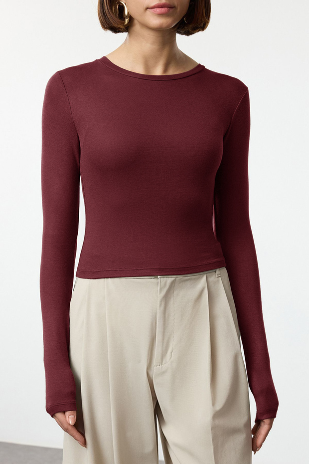 Bordo Viskon Bisiklet Yaka Crop Esnek Örme Bluz TWOAW24BZ00116 - 5