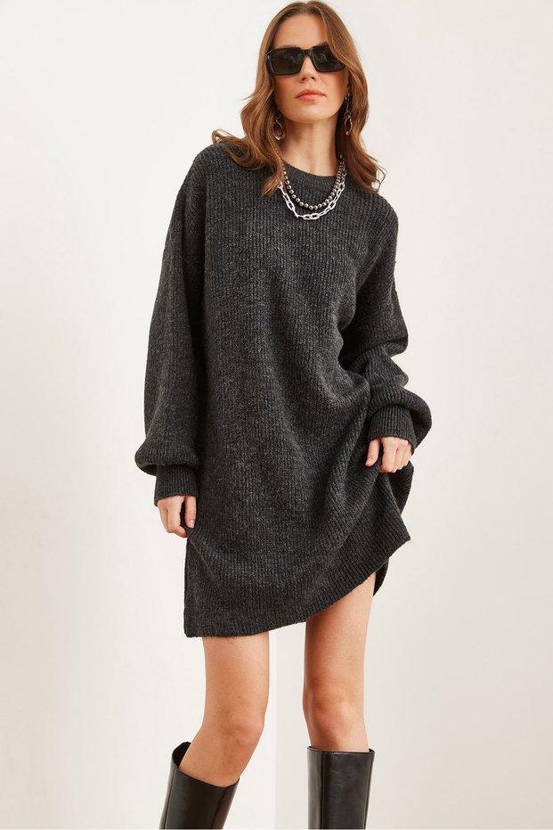 Women's Anthracite Crew Neck Balloon Sleeve Soft Textured Knitwear Tunic Dress Elb- 19001802