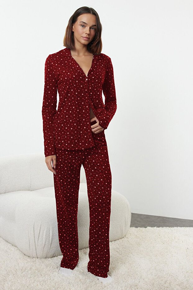 Bordo %100 Pamuklu Galaksi Desenli Örme Pijama Takımı THMAW25PT00097 - 1