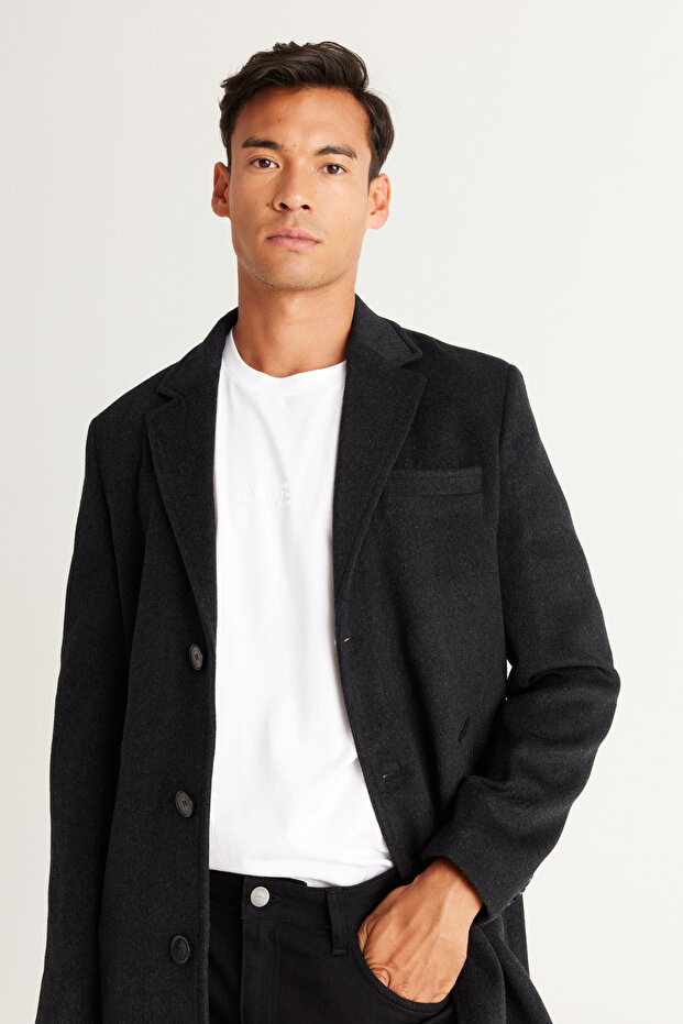 Męski kolor antracytowy – wełniany płaszcz z pojedynczym kołnierzem o standardowym kroju - 5