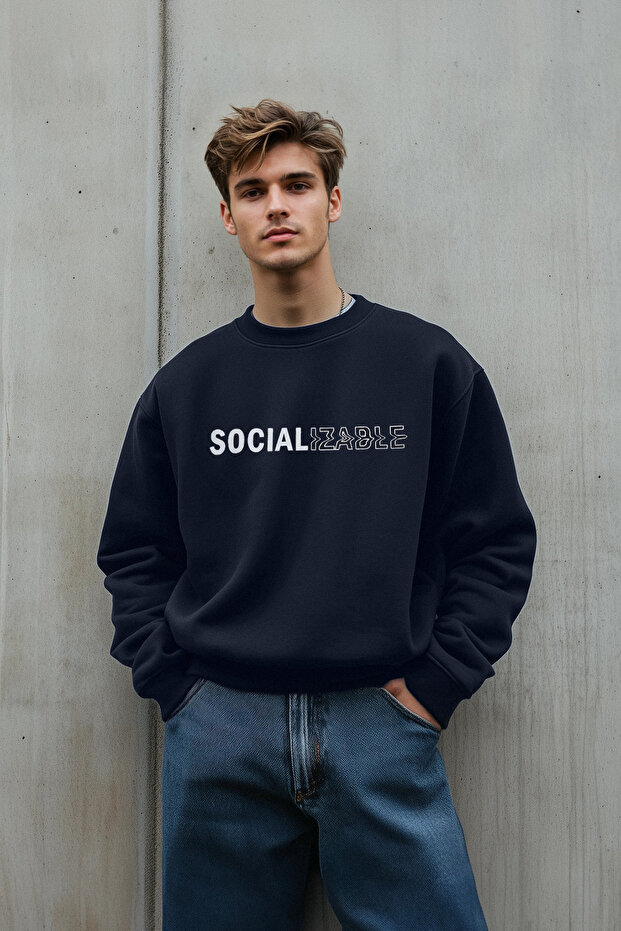Lacivert Oversize/Geniş Kesim Slogan Baskılı İçi Polarlı/Sıcak Tutan Sweatshirt TMNAW23SW00478 - 2