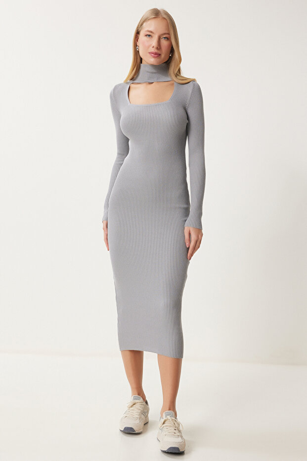 Kadın Gri Cut Out Detaylı Dik Yaka Fitilli Triko Elbise FN03388 - 1