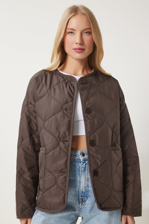 Women's Dark Brown Wide Pocket Quilted Jacket Fn03395