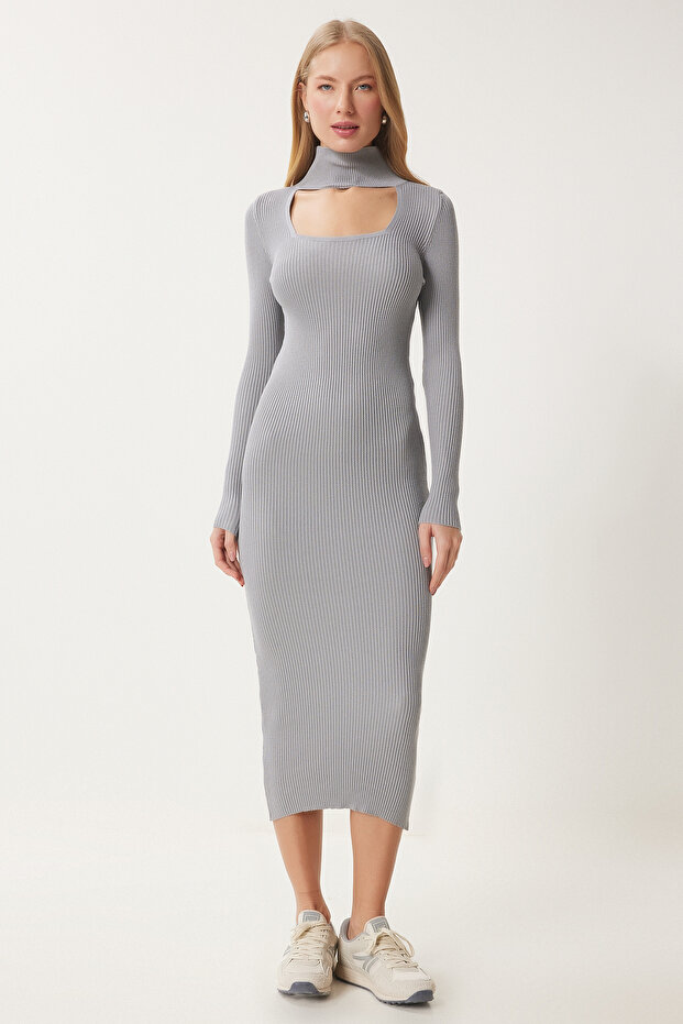 Kadın Gri Cut Out Detaylı Dik Yaka Fitilli Triko Elbise FN03388 - 2