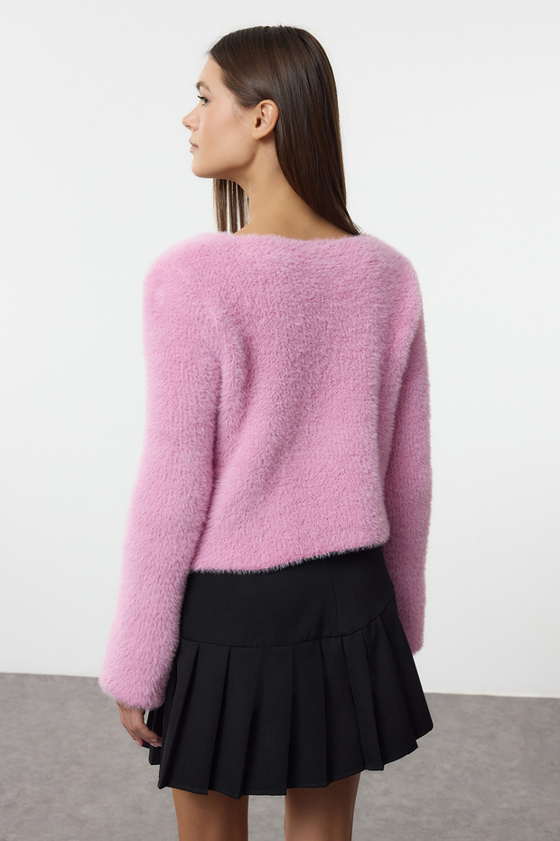 Pembe Crop Tüylü Bağlama Detaylı Triko Hırka TWOAW25HI00111 - 5