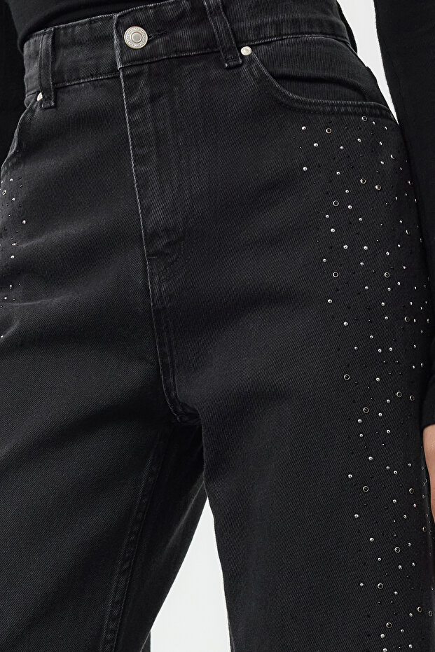 Siyah Taşlı Yüksek Bel Wide Leg Geniş Paça %100 Pamuk Non-Stretch Jeans TWOAW25JE00379 - 4