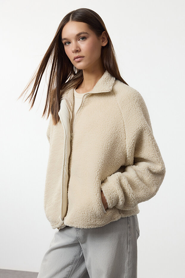Taş Peluş Regular/Normal Kalıp Dokuma Garnili Fermuarlı Kalın Örme Sweatshirt TWOAW25SW00139 - 1