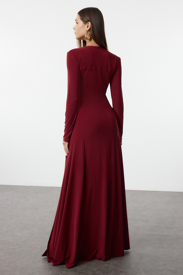 Bordo Düz V Yaka Skater/Belden Açılan Esnek Maxi Örme Elbise TWOAW25EL00299 - 7