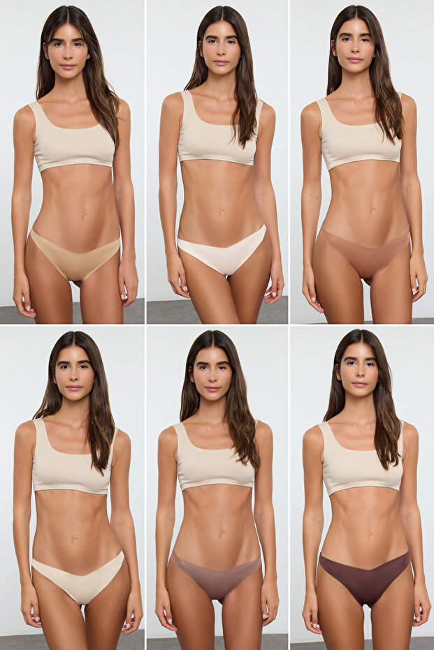 Kahverengi 6'lı Paket Micro Dikişsiz/İz Yapmaz Lazer Kesim Brazilian Örme Külot THMAW25KU00037 - 2