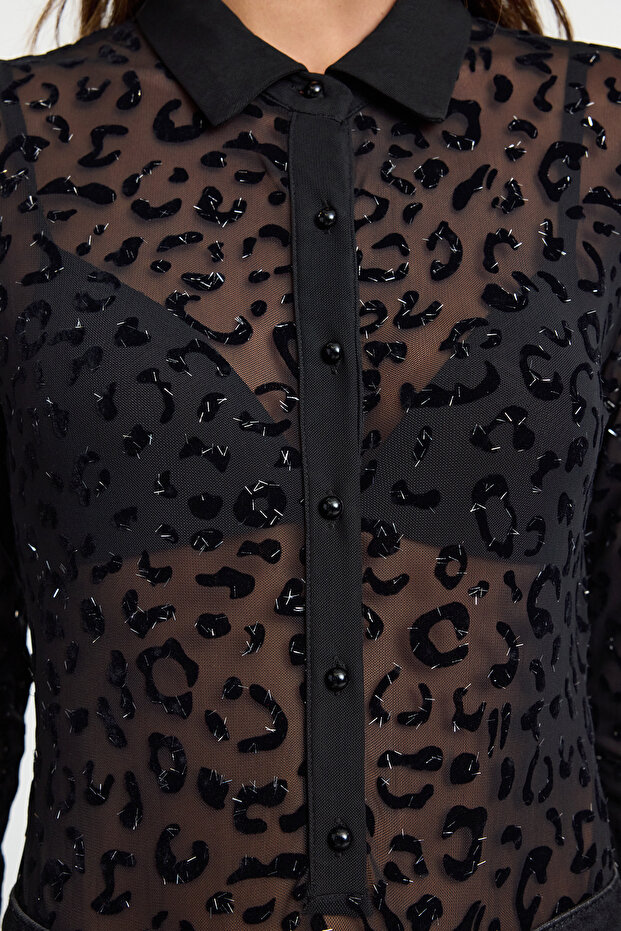 Siyah Tül Örme Body TPRAW25BD00016 - 4