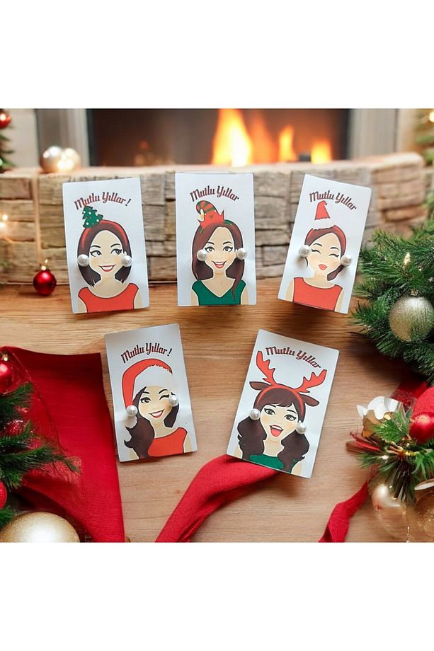 Yılbaşı Hediyesi 5 Adet Inci Küpeli Kartlar Advent Calendar - 1