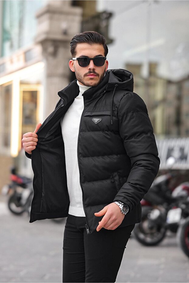 Embroidered Carbon Leather Coat Hooded PLDP 2959
