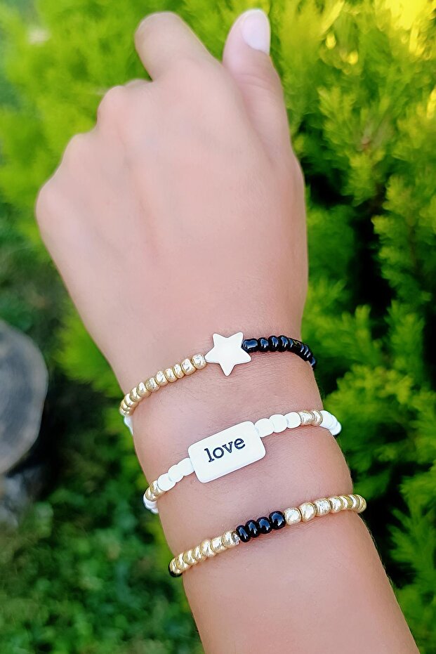 Set of 3 Beaded Black and White Line Love Bracelets