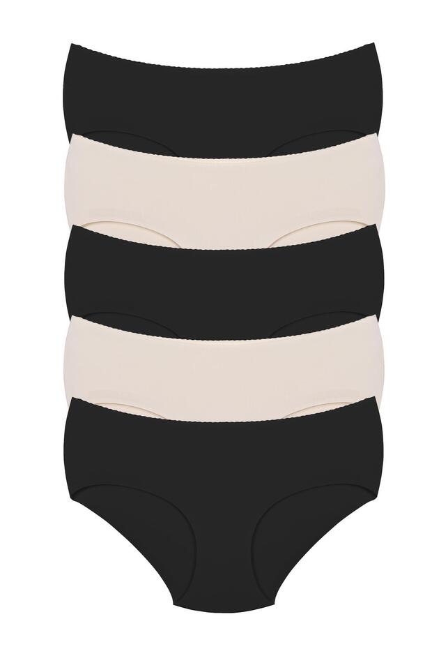 5 Pieces of Mixed Color Non-Marking Seamless Laser Cut Invisible Panties, Cotton Mesh, (3 black, 2 skin)