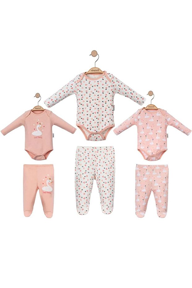 Kuğu Printed Baby Girl Three-Piece Set with Snap-On Bodysuit and Booties