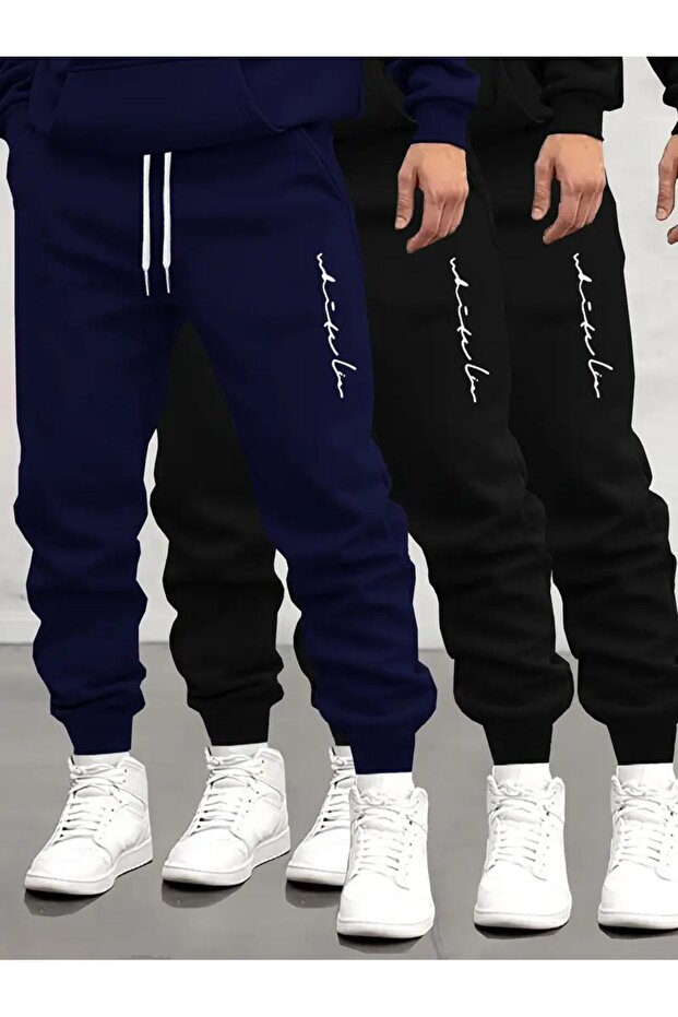 Navy Blue Black Printed Men's Sweatpants - Set of 3