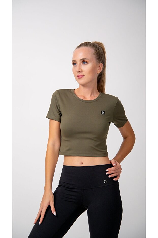 Kısa Kollu Crop Top Haki - 3