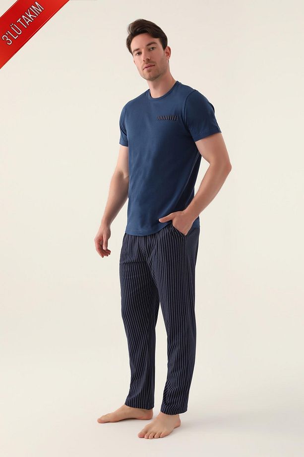 3'lü Yazlık Erkek Pijama Takımı, %100 Pamuk - 1
