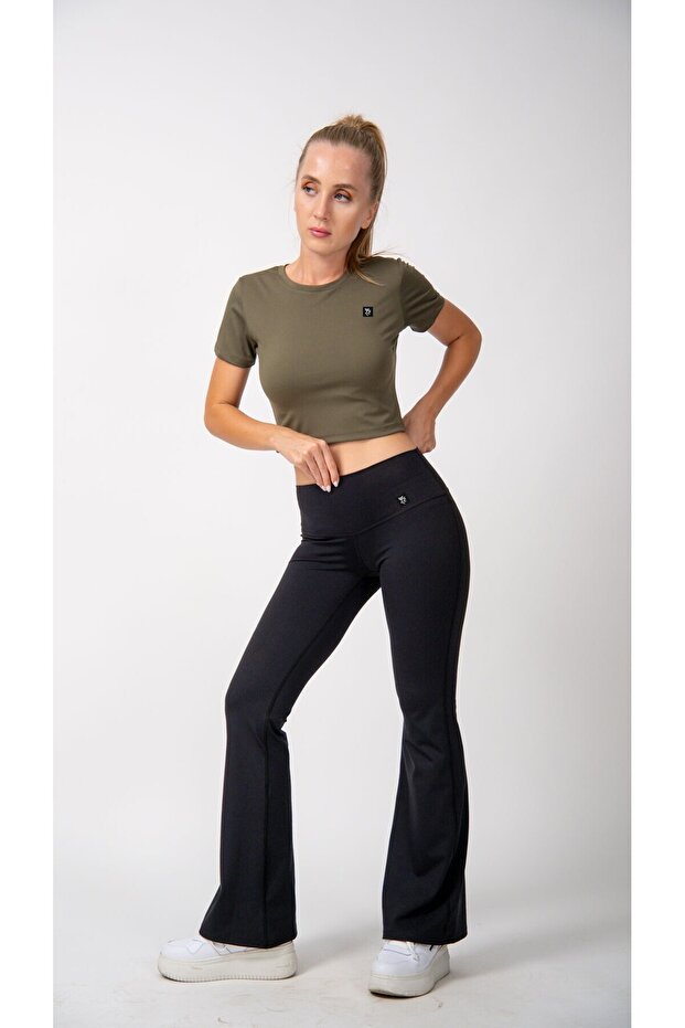 Kısa Kollu Crop Top Haki - 1