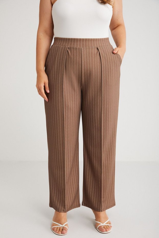 Hannelebb Women's Knitted Striped Ribbed and Pleated Detailed Elastic Waist White - Mink Plus Size Pantol