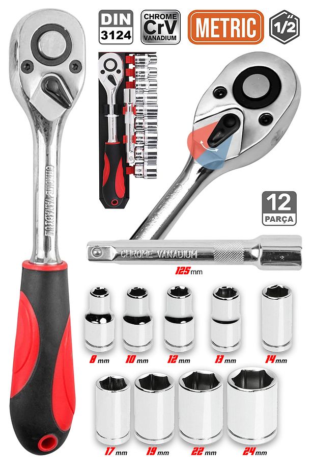 12 Parça 1/2" Cırcırlı Lokma Takımı Seti Standlı Cr-V Çelik Lokma Anahtarı Seti 8 mm - 24 mm - 1