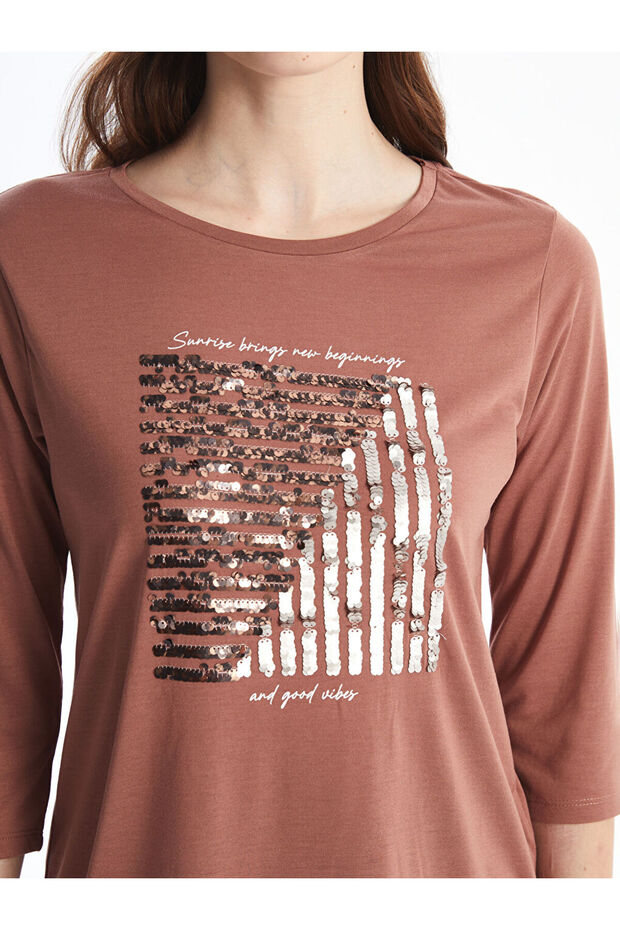 LCWAIKIKI Basic Açık Kahverengi Bisiklet Yaka Pul İşlemeli Kadın Bluz - 3