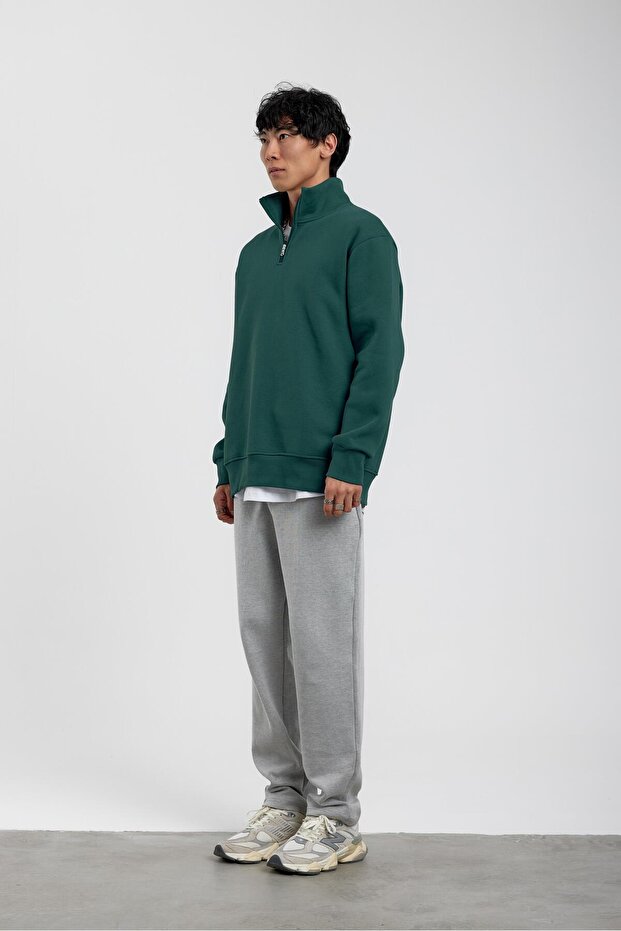 Green Basic Raised Sweatshirt with Zippered Collar - 5