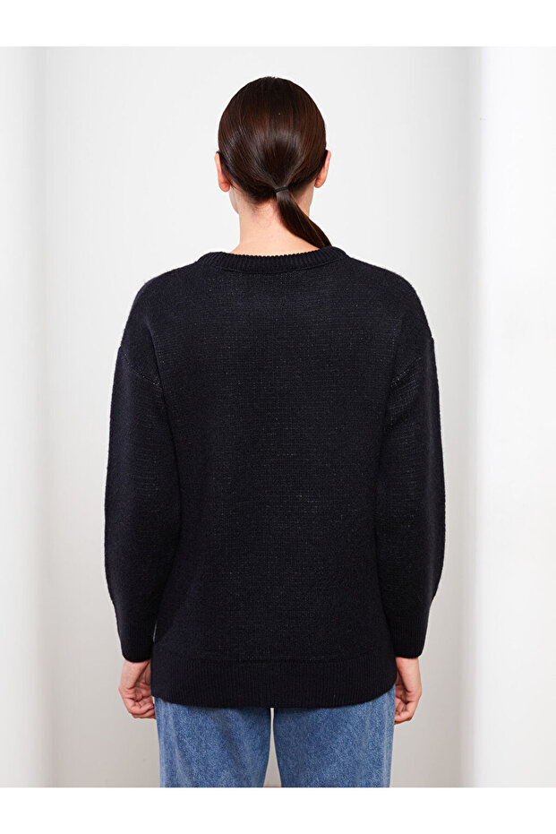 LCW Modest Mavi Yılbaşı Temalı Uzun Kollu Kadın Triko Kazak - 5