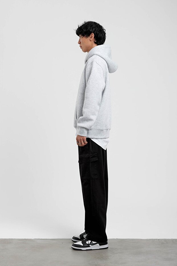 Gray Hooded Basic Raised Sweatshirt - 5