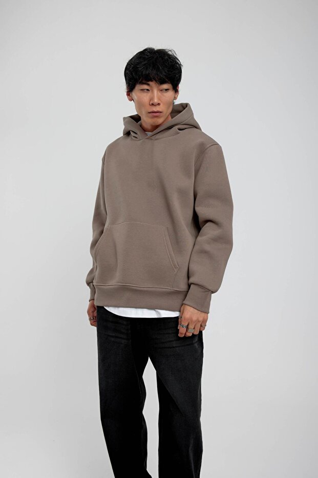 Vizon Kapüşonlu Basic Şardonlu Sweatshirt - 4