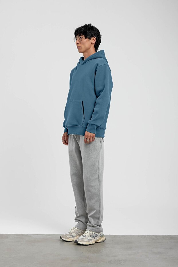 Mavi Kapüşonlu Basic Şardonlu Sweatshirt - 4