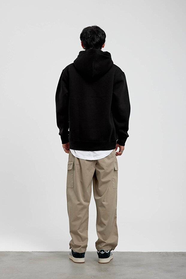 Siyah Kapüşonlu Basic Şardonlu Sweatshirt - 3